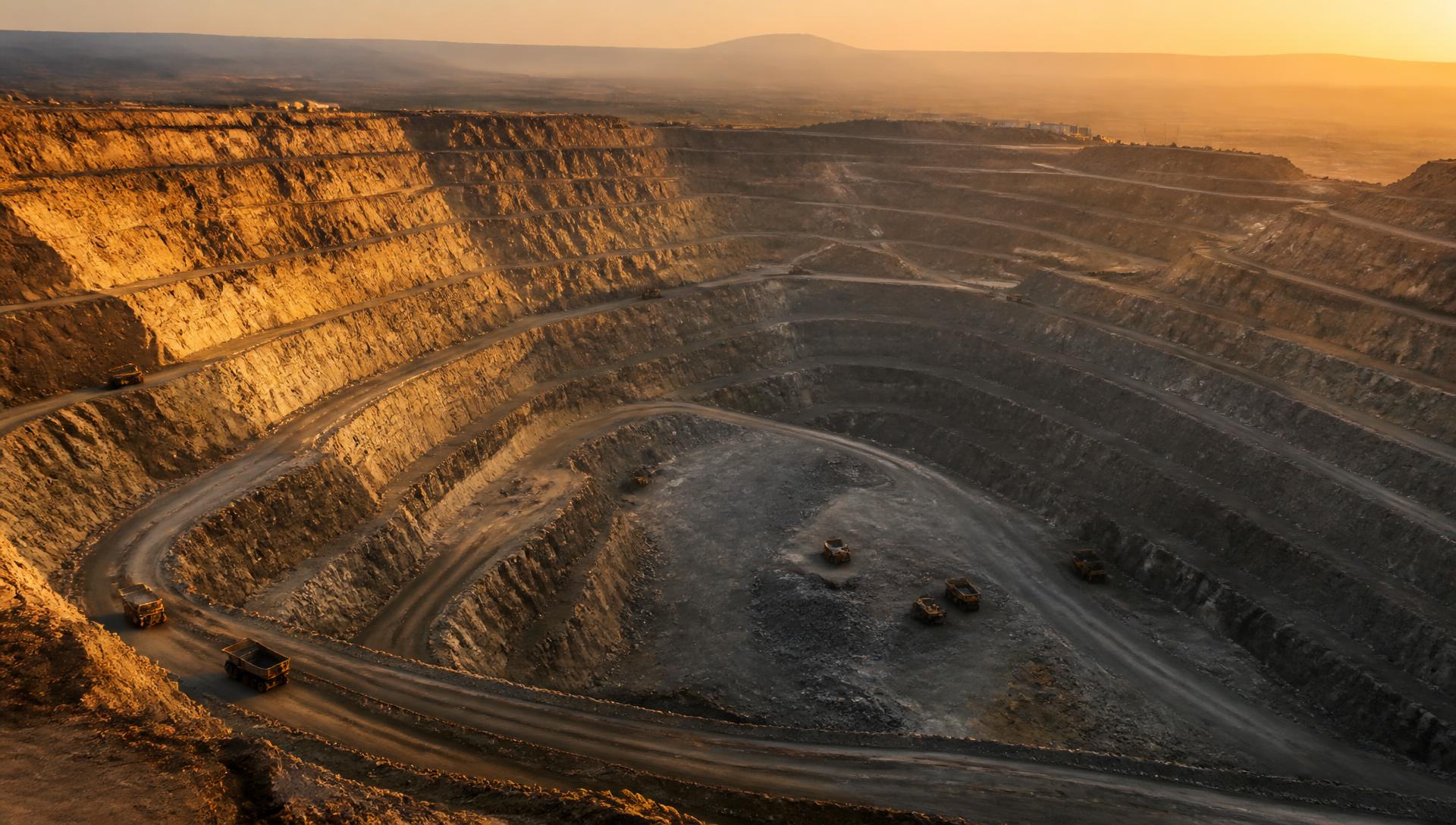 Aerial view of a Goldvista open-pit mine at sunrise